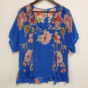 Johnny Was Womens Zadie Floral Bohemian Top Size S Blue Artsy Lightweight Gypsy
